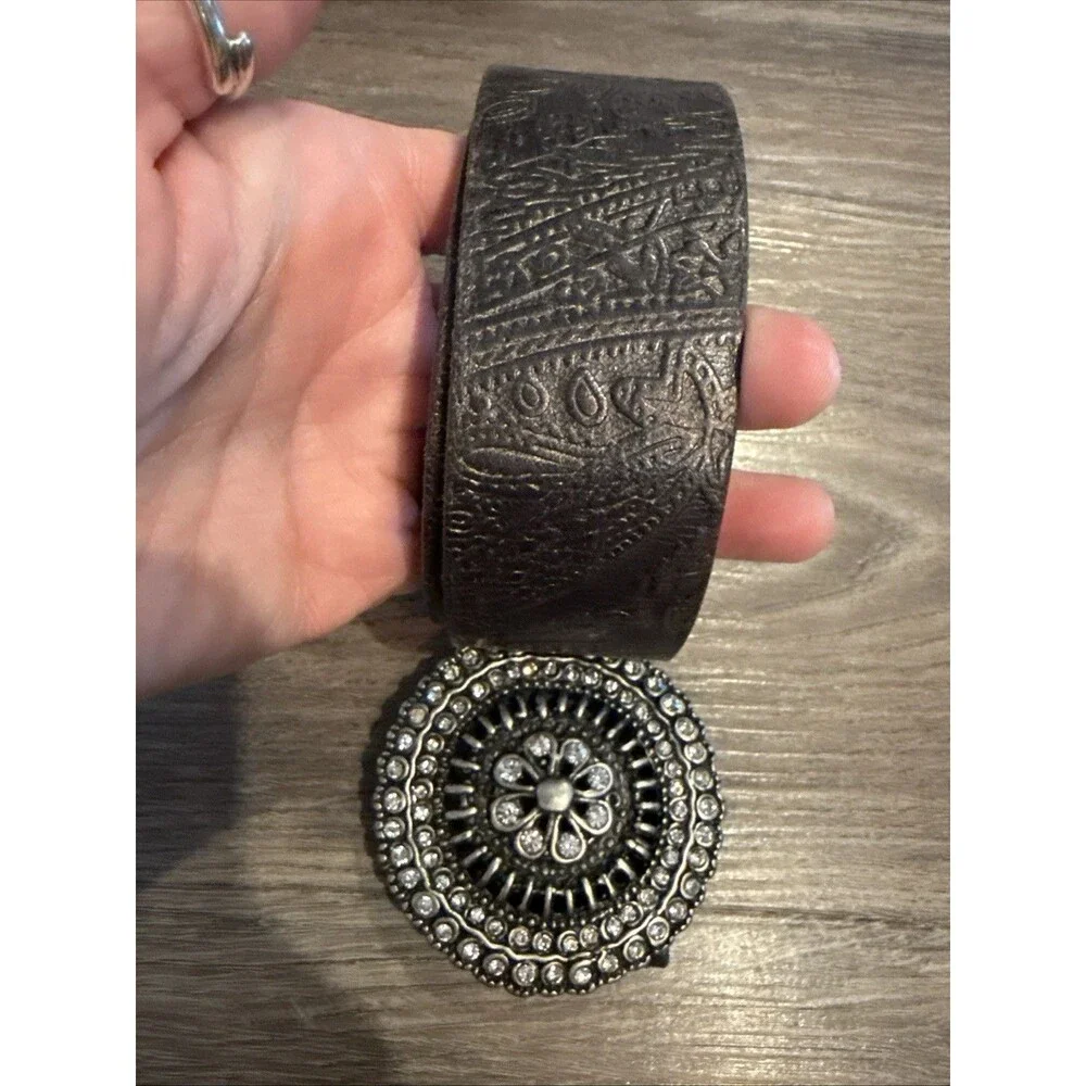 FOSSIL Genuine Leather Dark Brown Embellished Buckle Size S